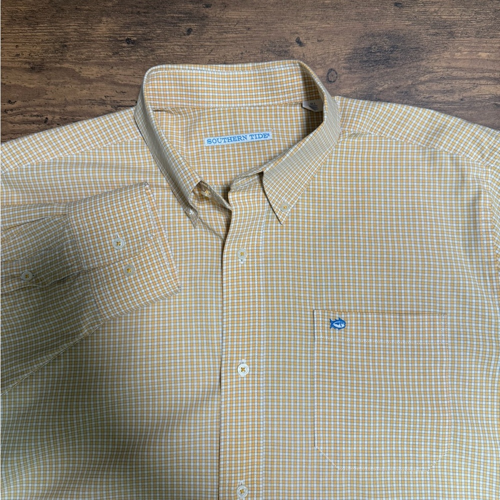 Southern Tide Men’s Large Cotton Blend Yellow Mini Gingham Long Sleeve Shirt